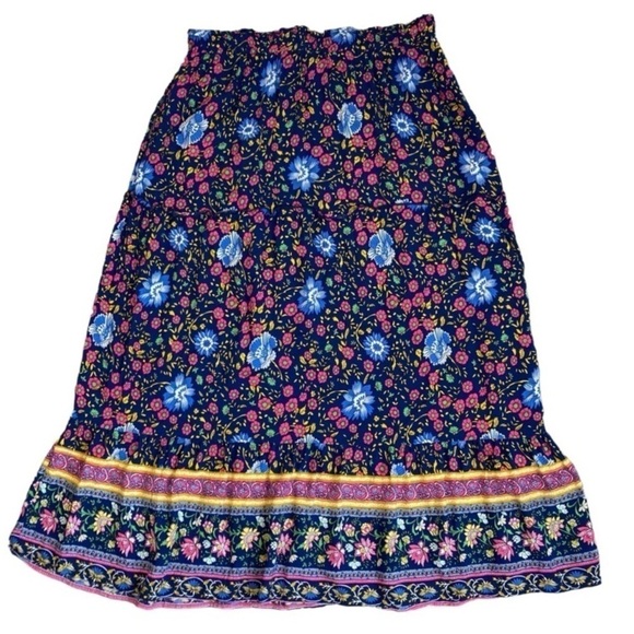 ZESICA Boho Dark Floral Tiered Peasant Maxi Skirt Cornflower Print Navy Pink M - Picture 8 of 14